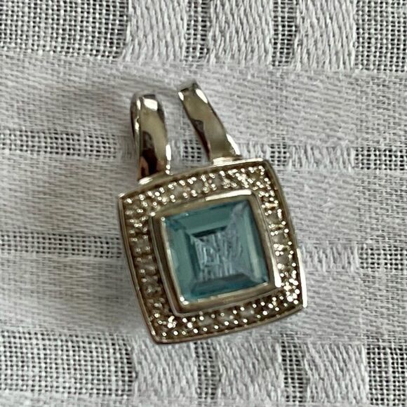 P*M .925 Sterling Silver Cushion Cut Blue Topaz Diamond Halo Ring Pendant Set - Picture 8 of 16